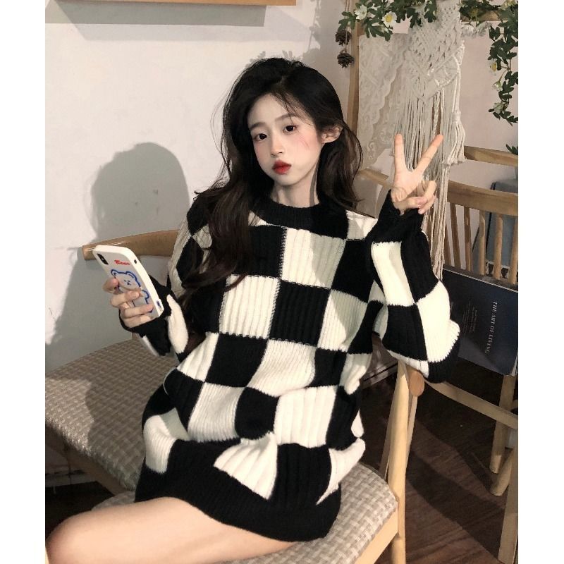 棋盤格復古日系針織毛衣女秋冬慵懶風2023新款高級感寬鬆軟糯上衣