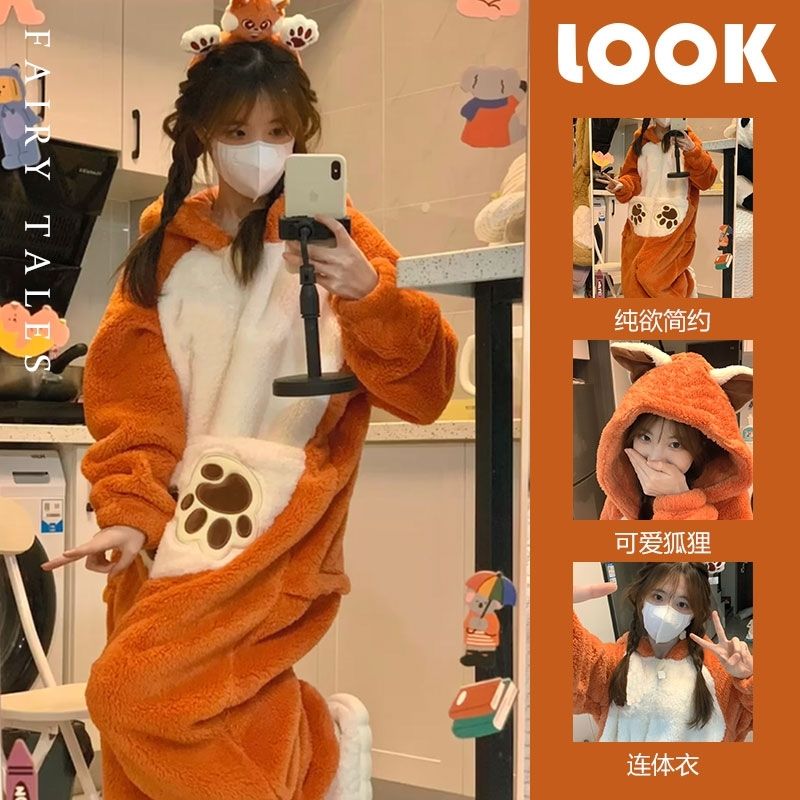 2023年冬季睡衣女加絨加厚ins韓系珊瑚絨大碼連體衣家居服可外穿