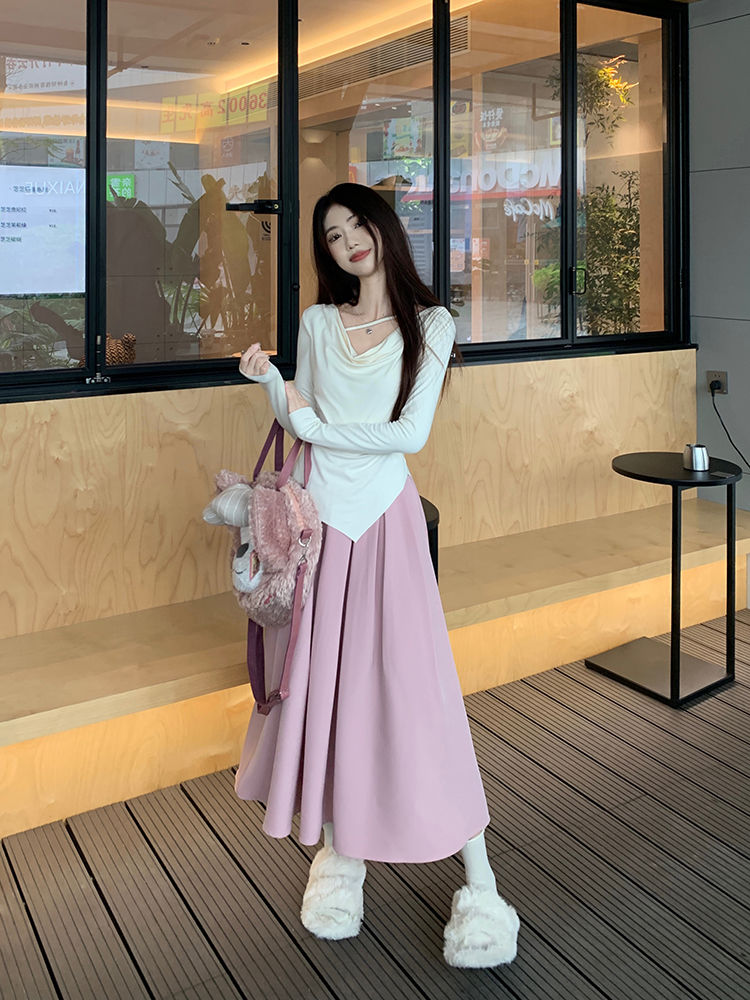 溫柔風不規則打底衫長袖T恤女秋季氣質純欲修身顯瘦藍色上衣ins潮