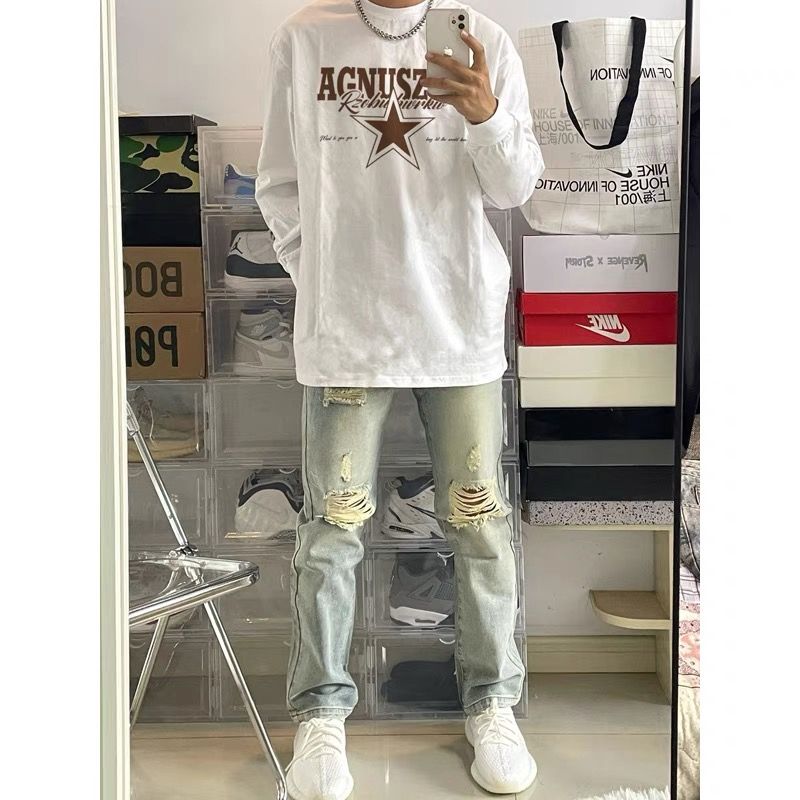 小眾設計感字母印花純棉男士長袖T恤秋季潮牌圓領上衣寬鬆打底衫