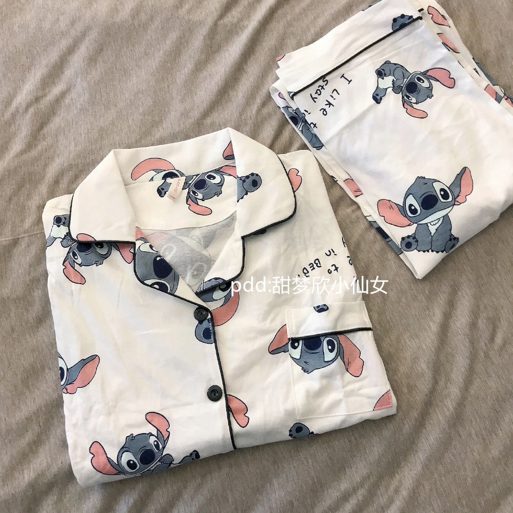 韓版可愛卡通史迪仔睡衣女春秋季新款長袖長褲學生秋冬家居服套裝