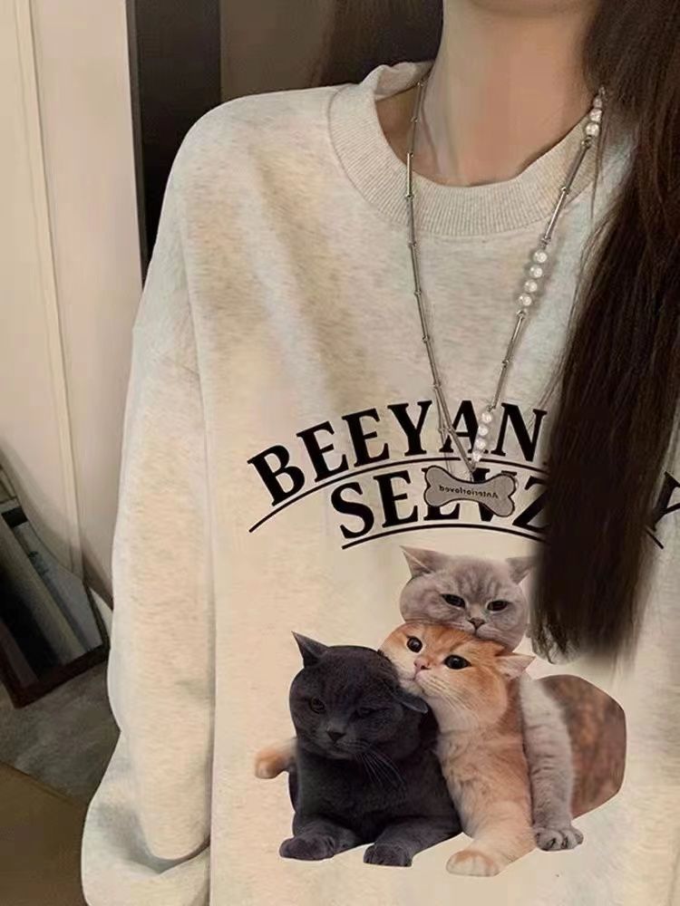 美式oversize寬鬆休閒加絨貓咪衛衣無帽外套女秋冬學生韓版上衣潮