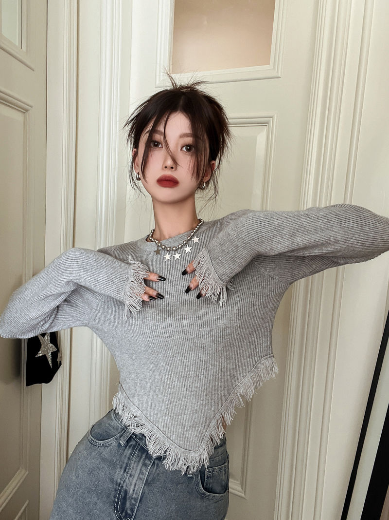 春秋新款流蘇不規則長袖t恤女辣妹純欲風修身顯瘦別致露臍上衣潮