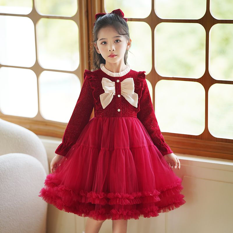 女童新年連衣裙秋冬季2023新款女寶寶冬款兒童裝拜年衣服公主裙子