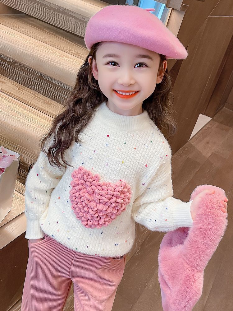 女童套頭毛衣2023新款秋冬韓系童裝洋氣小女孩愛心上衣兒童針織衫