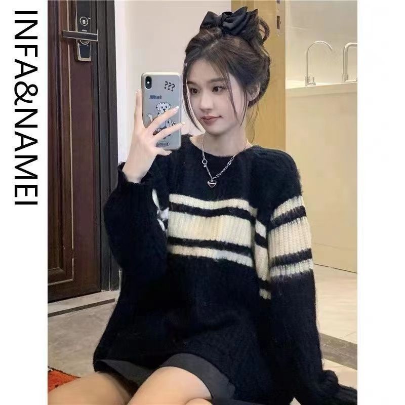 加厚軟糯毛衣女秋冬2023年新款寬鬆慵懶風條紋別致中長款套頭上衣