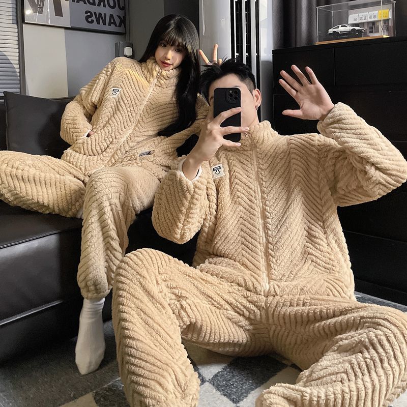 情侶睡衣女冬季珊瑚絨加絨加厚保暖套裝秋冬款男法蘭絨家居服套裝