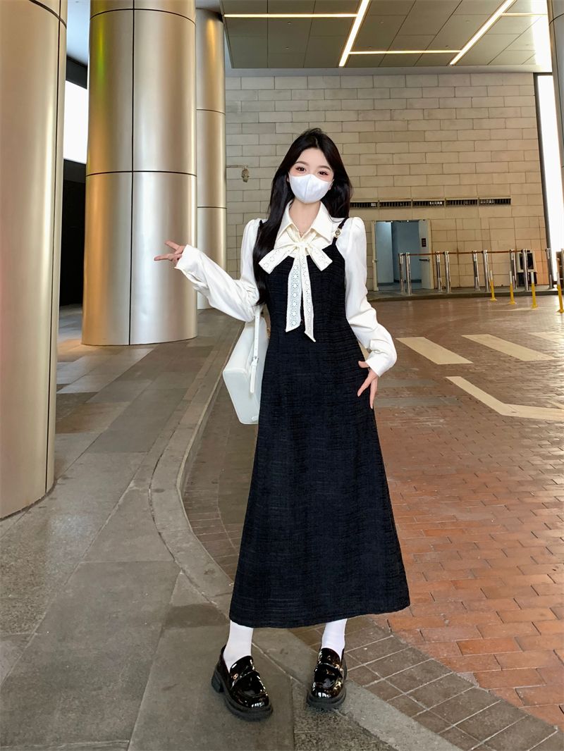 2023秋冬新款法式復古赫本風假兩件設計感小眾別致減齡長袖連衣裙