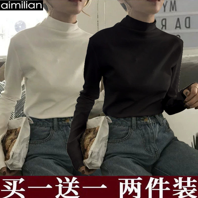 aimilian autumn and winter half turtleneck bottoming shirt women's new German velvet thickened inner long-sleeved T-shirt white top