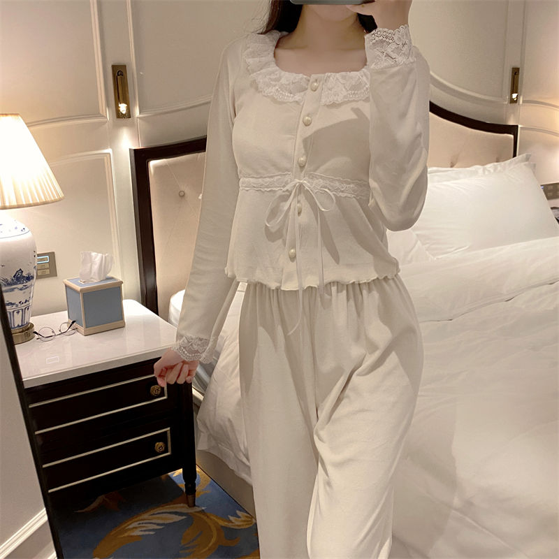 2023新款法式睡衣女春秋季長袖海島絨甜美帶胸墊可外穿家居服套裝