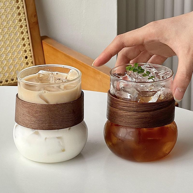 创意复古玻璃杯创意直身圆底咖啡杯耐高温水杯子早餐牛奶杯拿铁杯