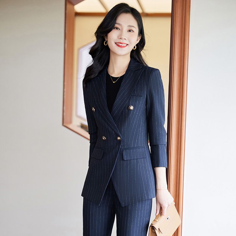 藏藍色條紋西裝套裝女秋冬新款小眾氣質高端職業裝正裝工作服西服