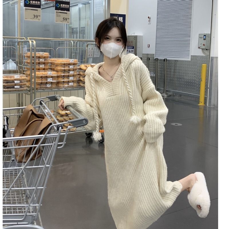 XJ家慵懶風長袖針織連衣裙女秋季2023新款過膝中長款遮肉毛衣裙子