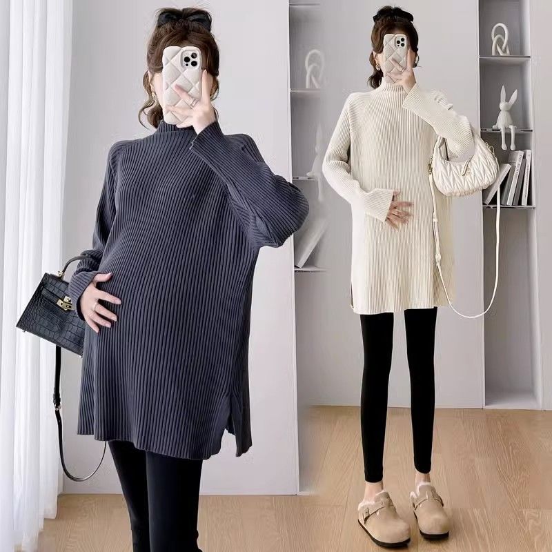 Maternity sweater mid-length autumn Korean fashion high collar loose a-line knitted soft waxy inner layering sweater autumn and winter