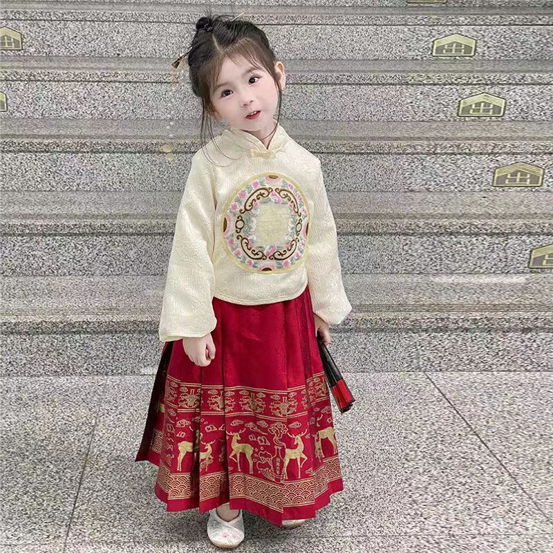馬面裙女童套裝2023秋冬長袖兒童漢服國風改良唐裝女寶寶古裝裙子