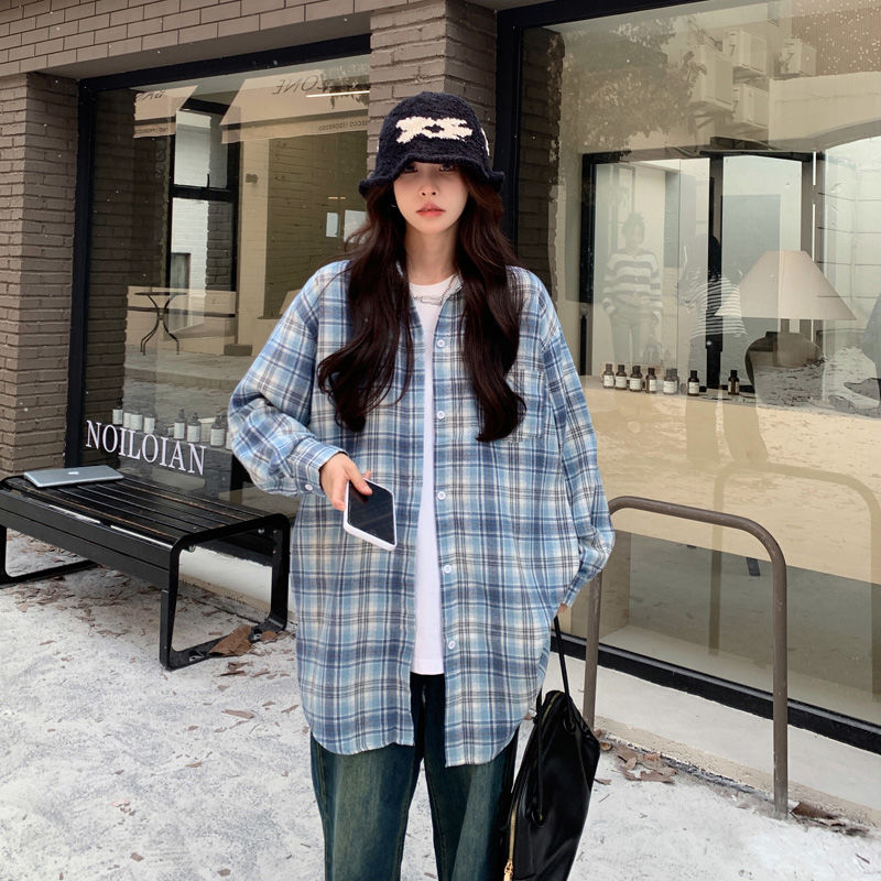韓版慵懶風藍色格紋襯衫女2023秋冬百搭休閒寬鬆長袖上衣外套ins