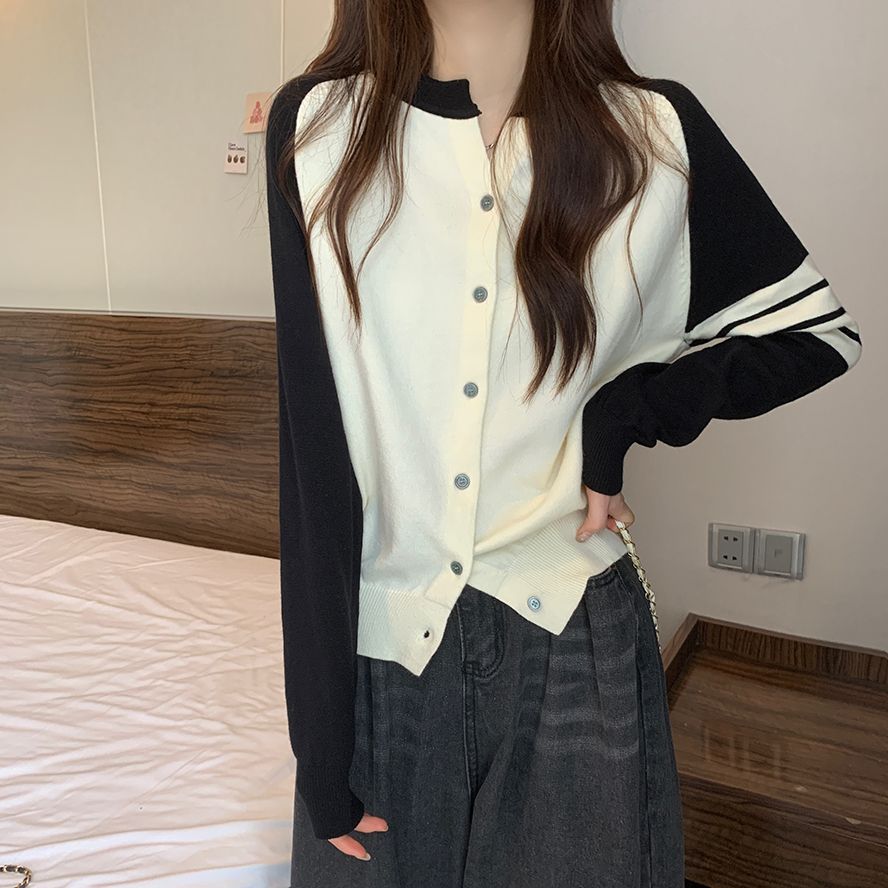 大碼拼接撞色條紋針織開衫毛衣外套女秋冬季胖mm遮肚顯瘦打底上衣
