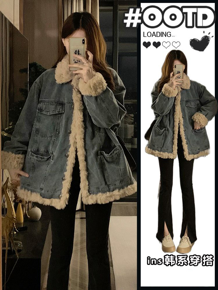 Lamb wool denim jacket for women autumn and winter 2023 new loose plush cotton clothes small thickened cotton jacket trendy