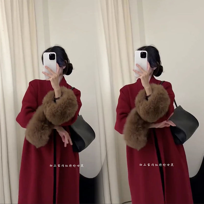歐貨高級感紅色呢子大衣輕奢名媛袖口毛小香風復古毛呢外套秋冬裝