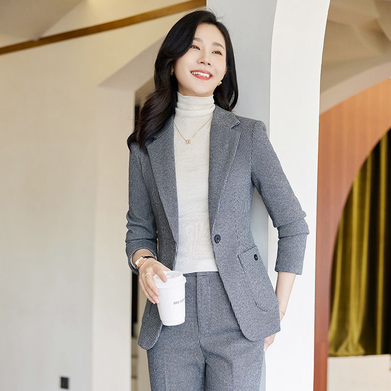 灰色千鳥格西裝外套女秋冬新款時尚休閒女神范加厚西服套裝職業裝