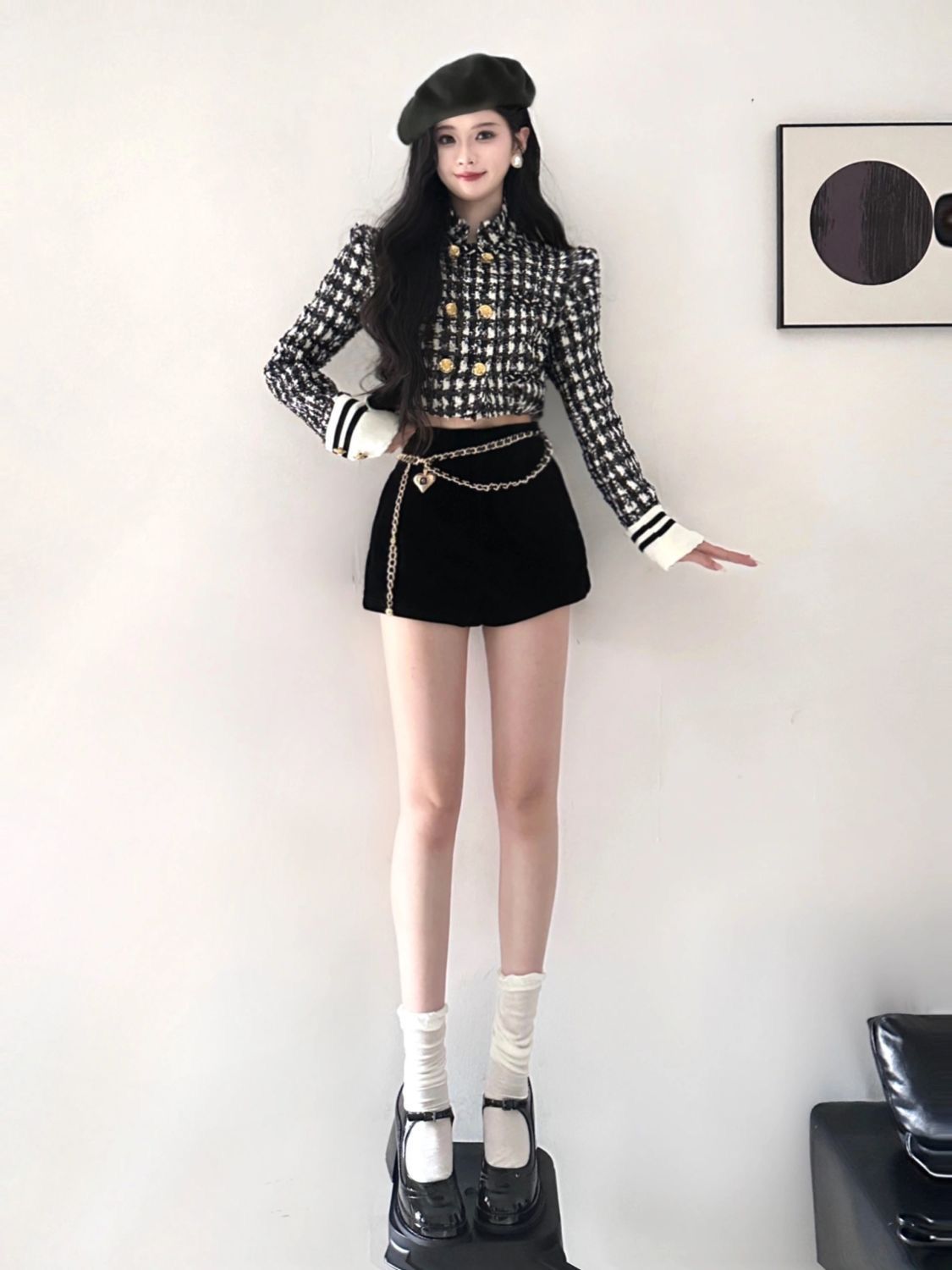 小香風氣質短款外套高級感格子上衣套裝女秋冬季新款高腰闊腿短褲