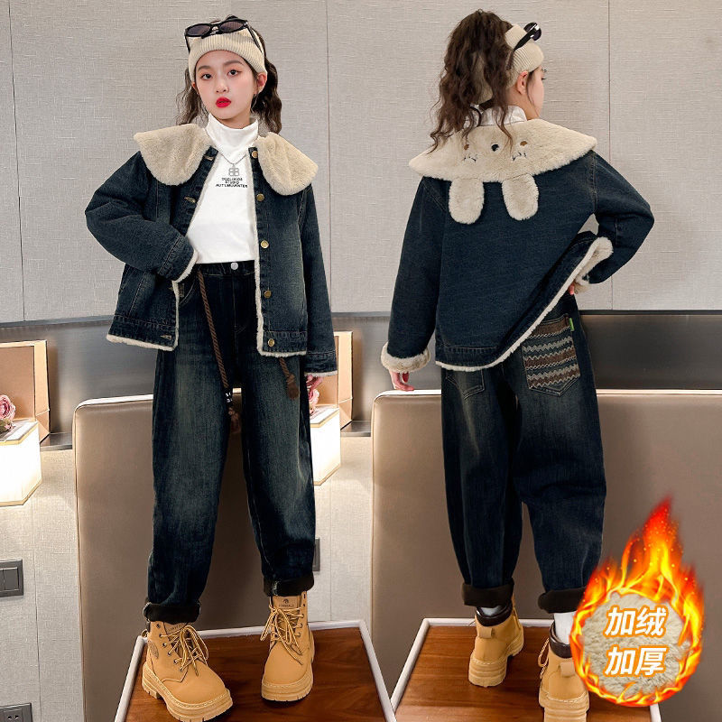 Girls' Autumn and Winter Velvet Thickened Suit Internet Celebrity Girls' Clothing Autumn and Winter Clothing 2023 New Style Western Denim Medium and Large Children's Clothing