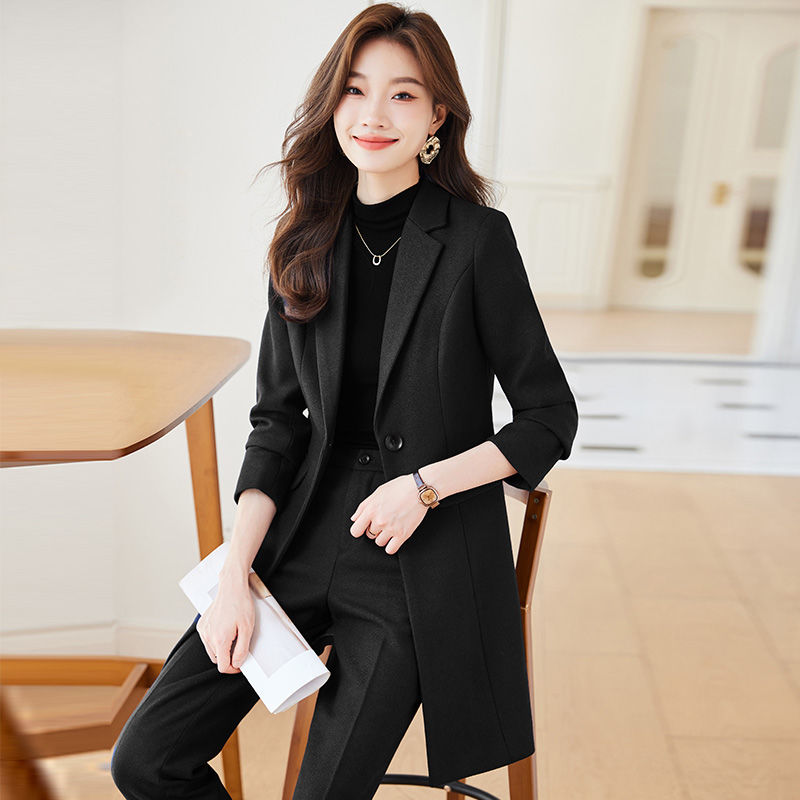 黑色西装风衣外套女秋冬2023新款韩版时尚气质中长款职业西服套装