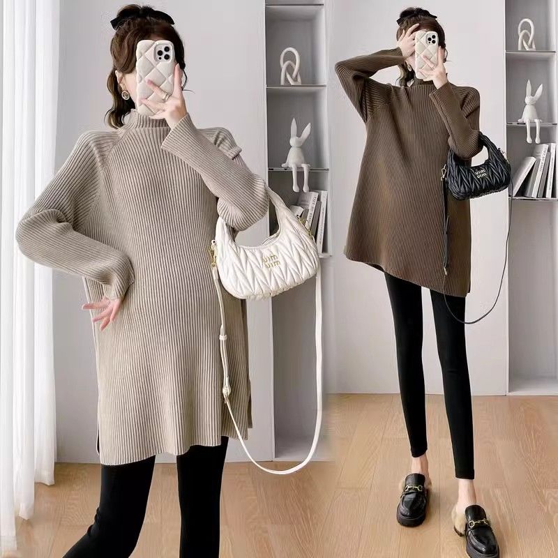 Maternity sweater mid-length autumn Korean fashion high collar loose a-line knitted soft waxy inner layering sweater autumn and winter