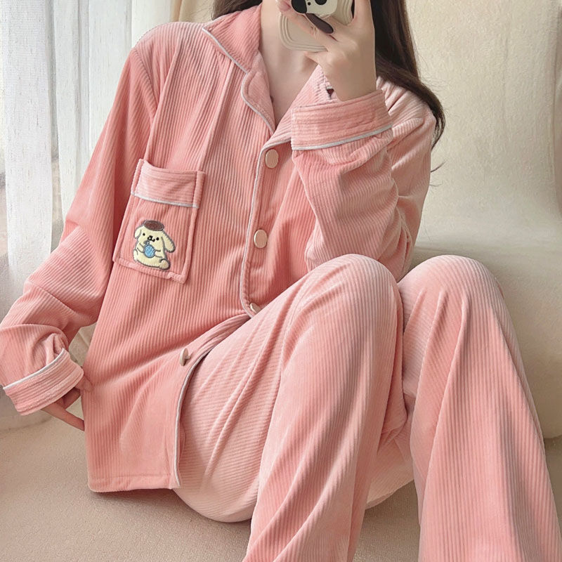 海島絨睡衣少女秋冬季新款加厚加絨法網紅風甜美珊瑚絨家居服套裝