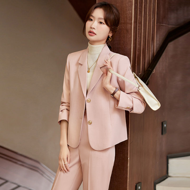 粉色小香风西装外套女秋季2023新款高级感小个子短款上衣西服套装