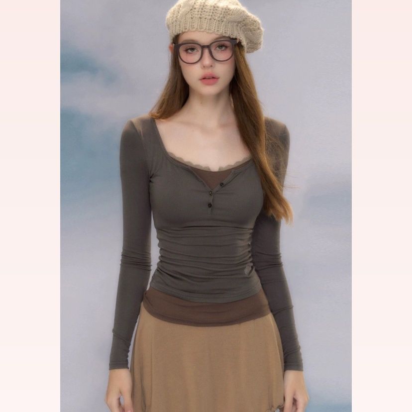 Three-color fake two-piece lace stitching slim-fitting bottoming long-sleeved T-shirt for women new design sense with slim-fitting bottoming shirt