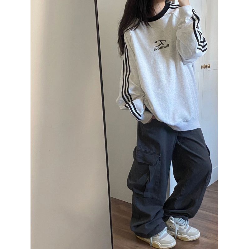 國潮牌美式高街圓領條紋衛衣女無帽春秋薄款情侶oversize長袖上衣