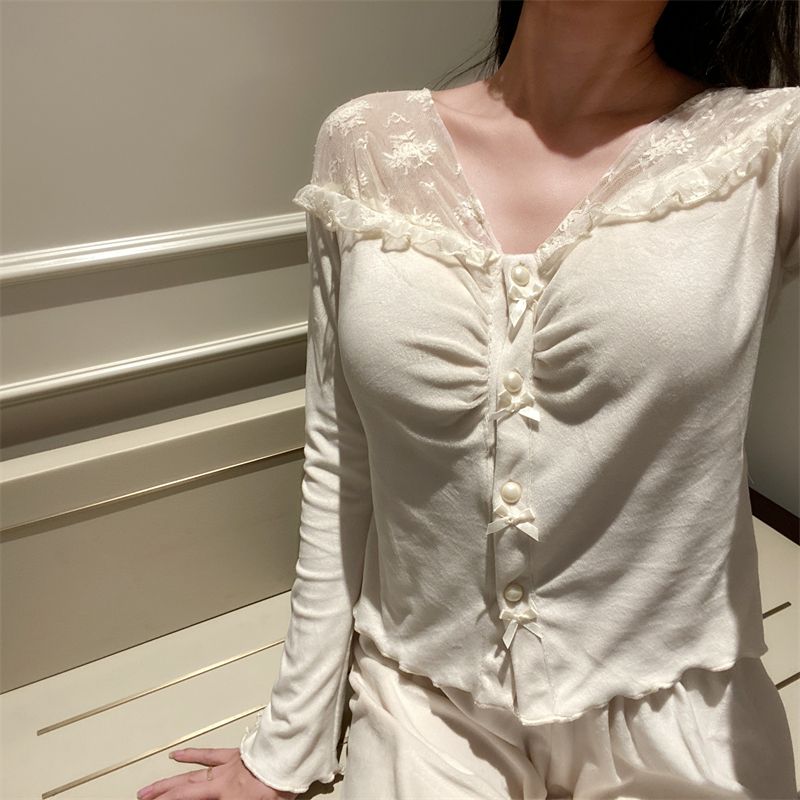【帶胸墊】新款睡衣女秋冬季法式海島絨蕾絲花邊可外穿家居服套裝