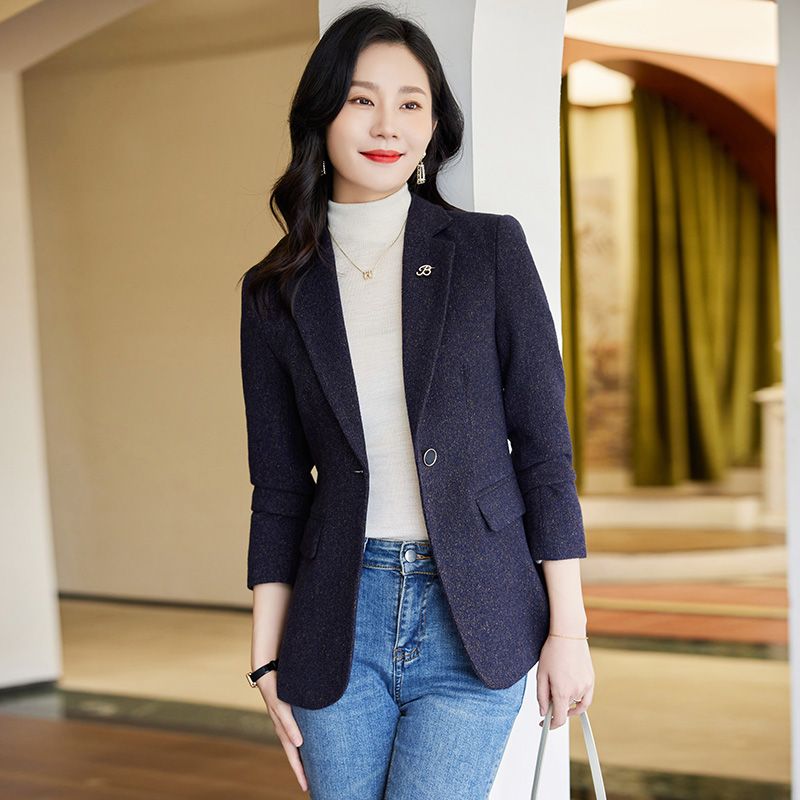 藏藍色西裝外套女秋冬2023新款高級感時尚氣質修身職業小西服上衣