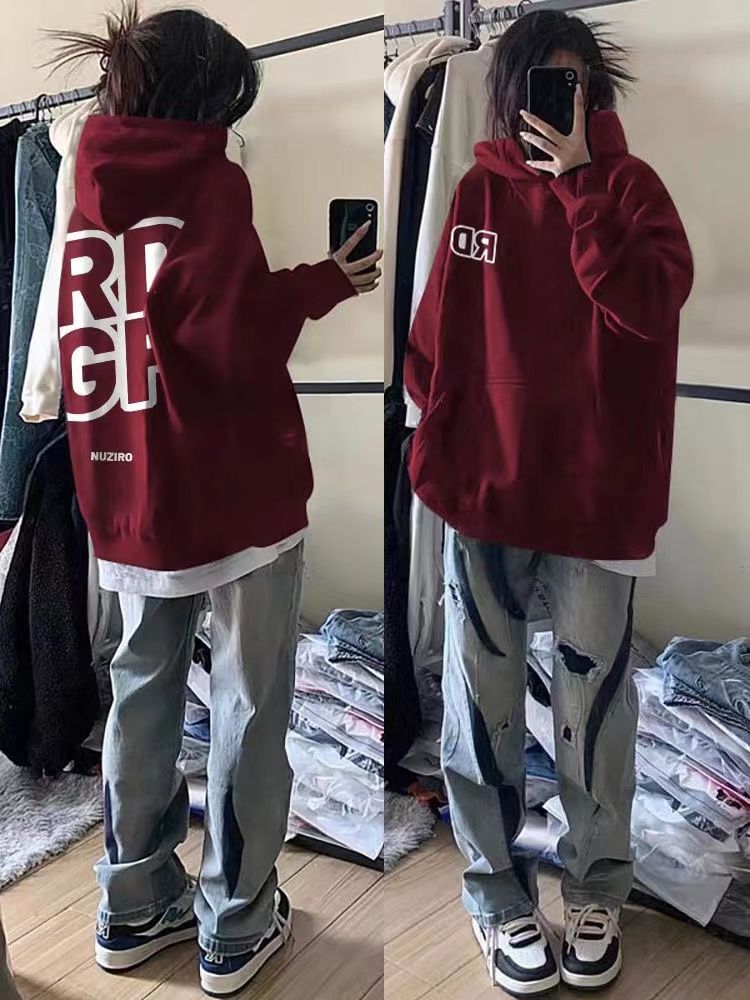 國潮牌oversize字母印花酒紅色衛衣女美式復古寬鬆連帽春秋冬外套