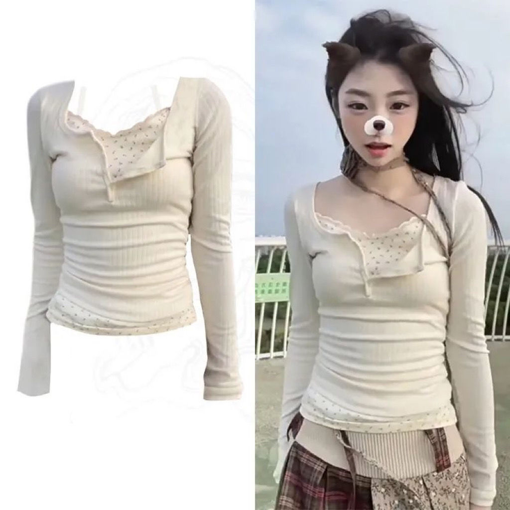 Large size fat mm fake two-piece patchwork floral long-sleeved bottoming shirt for women in autumn new design unique and unique top