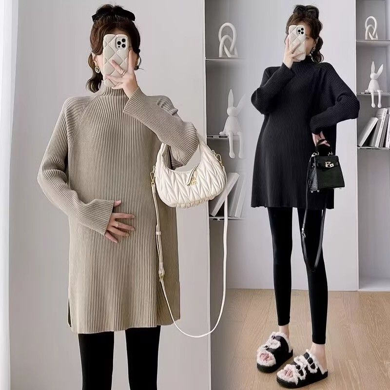 Maternity sweater mid-length autumn Korean fashion high collar loose a-line knitted soft waxy inner layering sweater autumn and winter