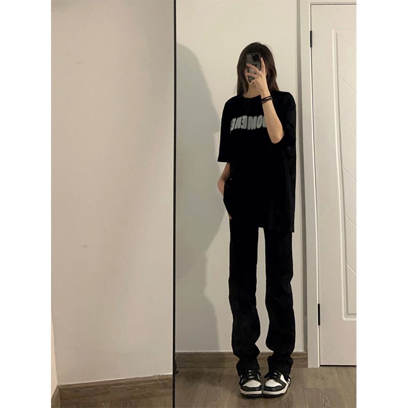 黑色直筒牛仔褲女秋季高腰寬鬆顯瘦顯高港味闊腿褲拖地褲子潮ins