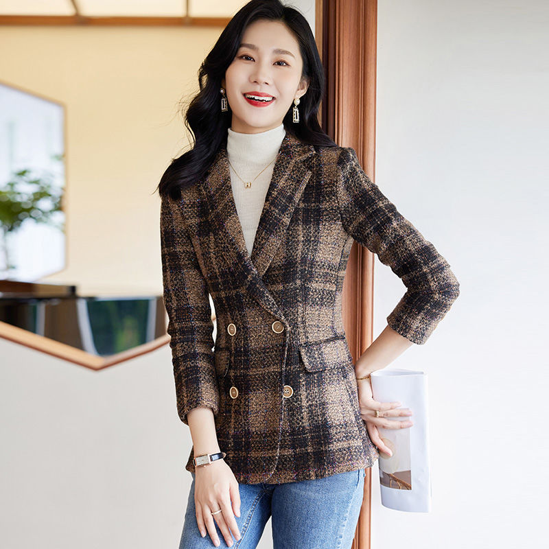 咖色格子西裝外套女秋冬2023新款高級感炸街名媛小西服小西服套裝