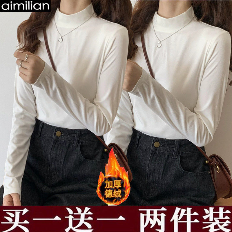 aimilian German velvet half turtleneck bottoming shirt for women, versatile autumn and winter clothing, long-sleeved T-shirt, slim brushed top
