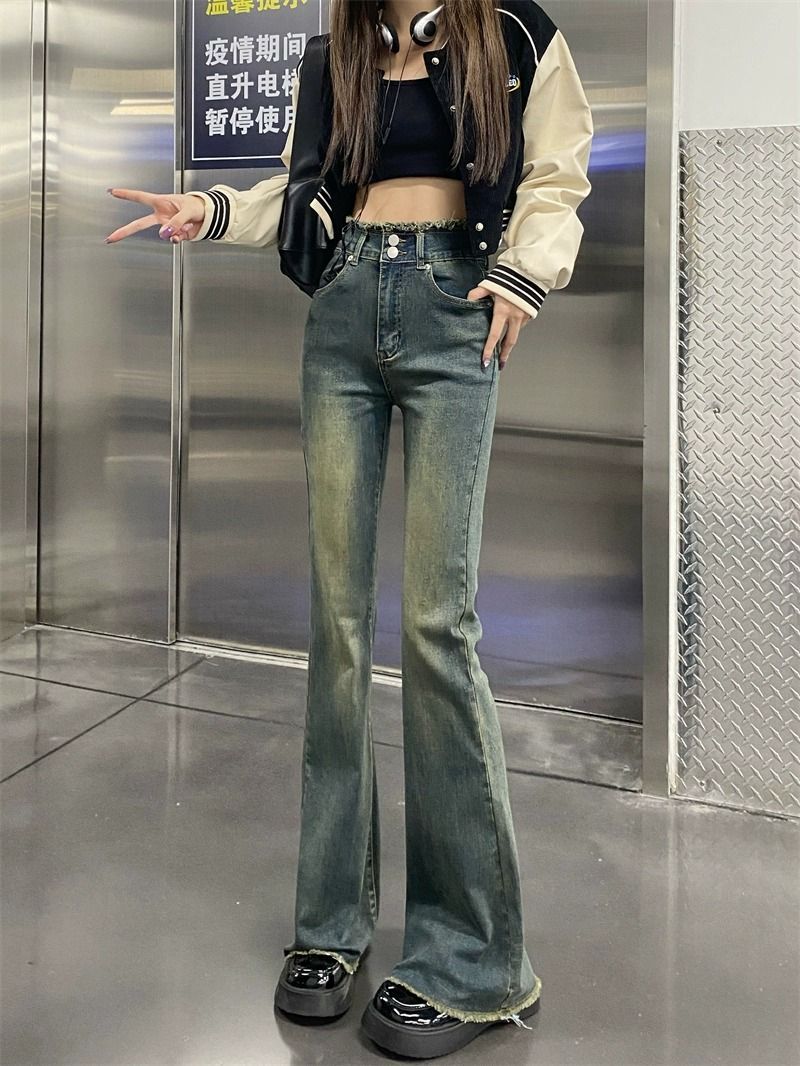 復古辣妹微喇叭牛仔褲女秋季設計感小眾高腰修身毛邊顯瘦喇叭褲子
