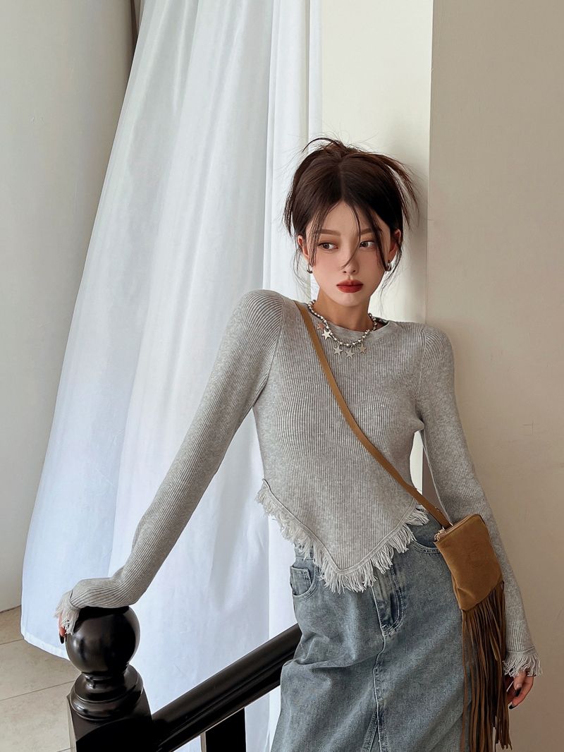 流蘇不規則長袖t恤女2023冬季新款辣妹純欲風修身顯瘦網紅上衣ins