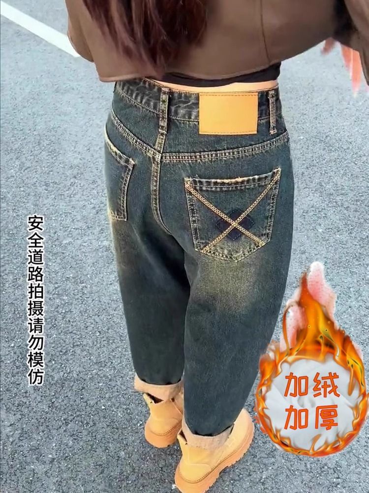歐貨梨形身材哈倫牛仔褲子女秋冬2023加絨新款高腰顯瘦直筒老爹褲