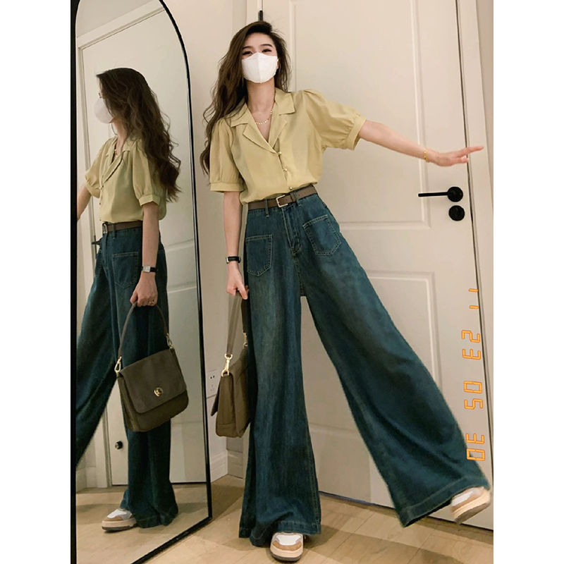 全噴藍爆款復古高腰闊腿牛仔褲女2023秋季新款寬鬆直筒拖地褲子
