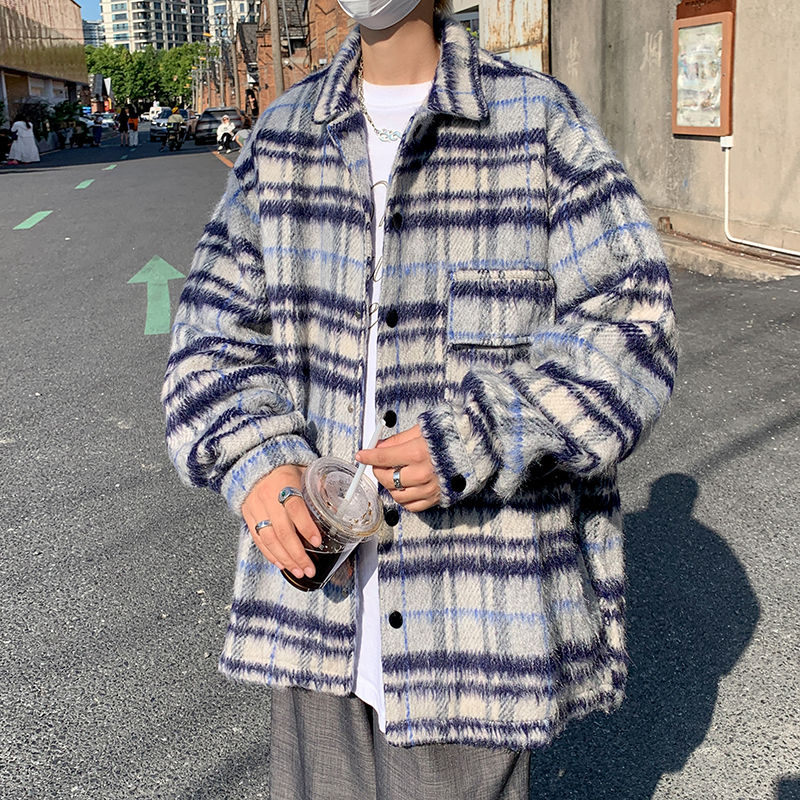 小香風毛呢外套男女款春秋季寬鬆高級感襯衫美式復古格子翻領夾克