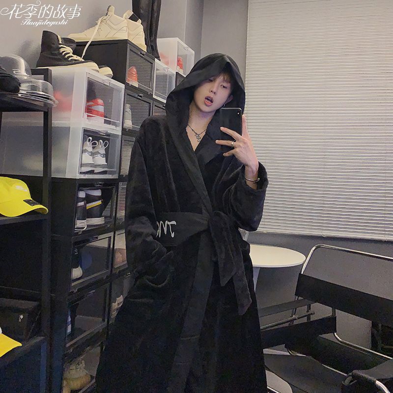 花季的故事法蘭絨睡衣女秋冬季長款浴袍加絨情侶裝高級感家居服男