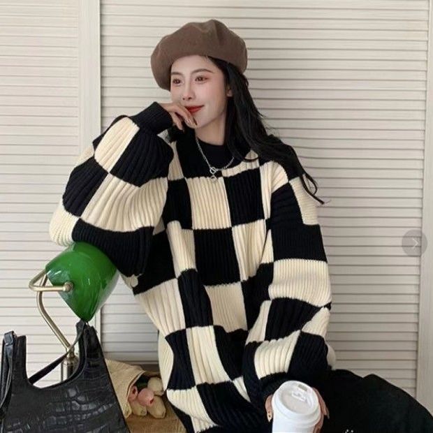 秋冬季新款棋盤格毛衣女慵懶風高級設計感小眾針織衫上衣軟糯外穿