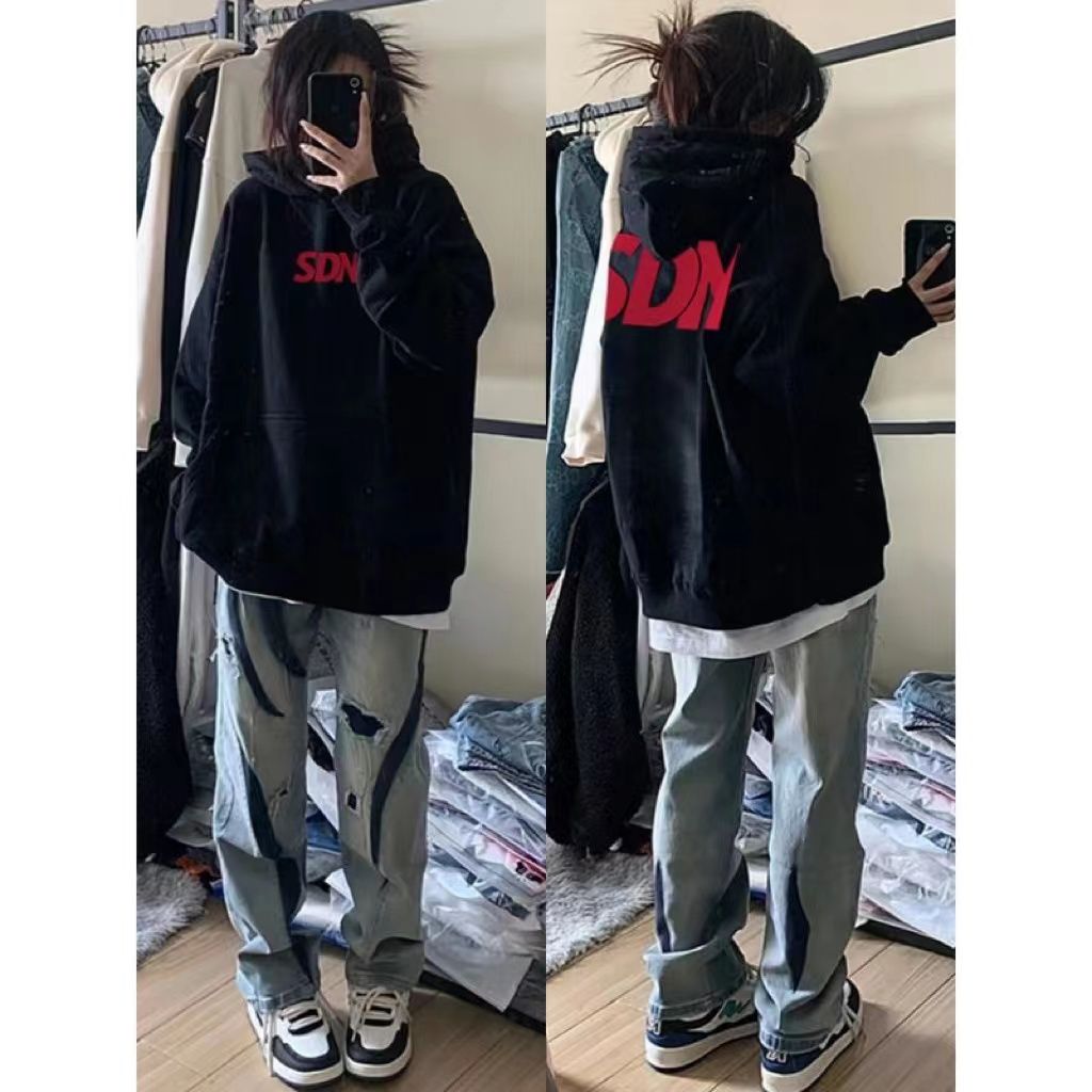 美式高街春秋冬上衣女薄款寬鬆設計感小眾ins休閒百搭加絨連帽衛
