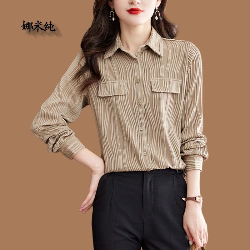 復古水波紋女裝襯衫2023春秋新品時尚通勤疊穿肌理感長袖開衫上衣