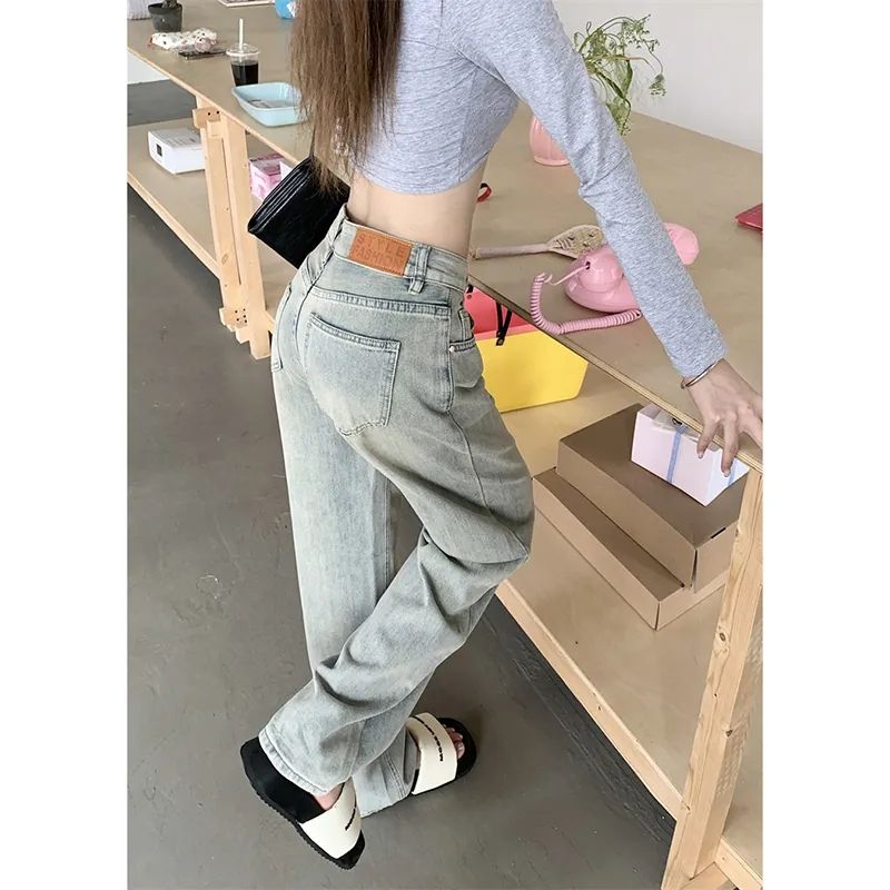 做舊高腰闊腿直筒褲秋季美式復古牛仔褲女秋裝2023新款水洗梨形褲